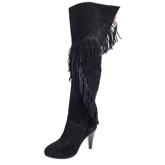 Colin Stuart Women's Black Leather Suede Zip Up Tall Fringe Boots Size 7 - Picture 1 of 11